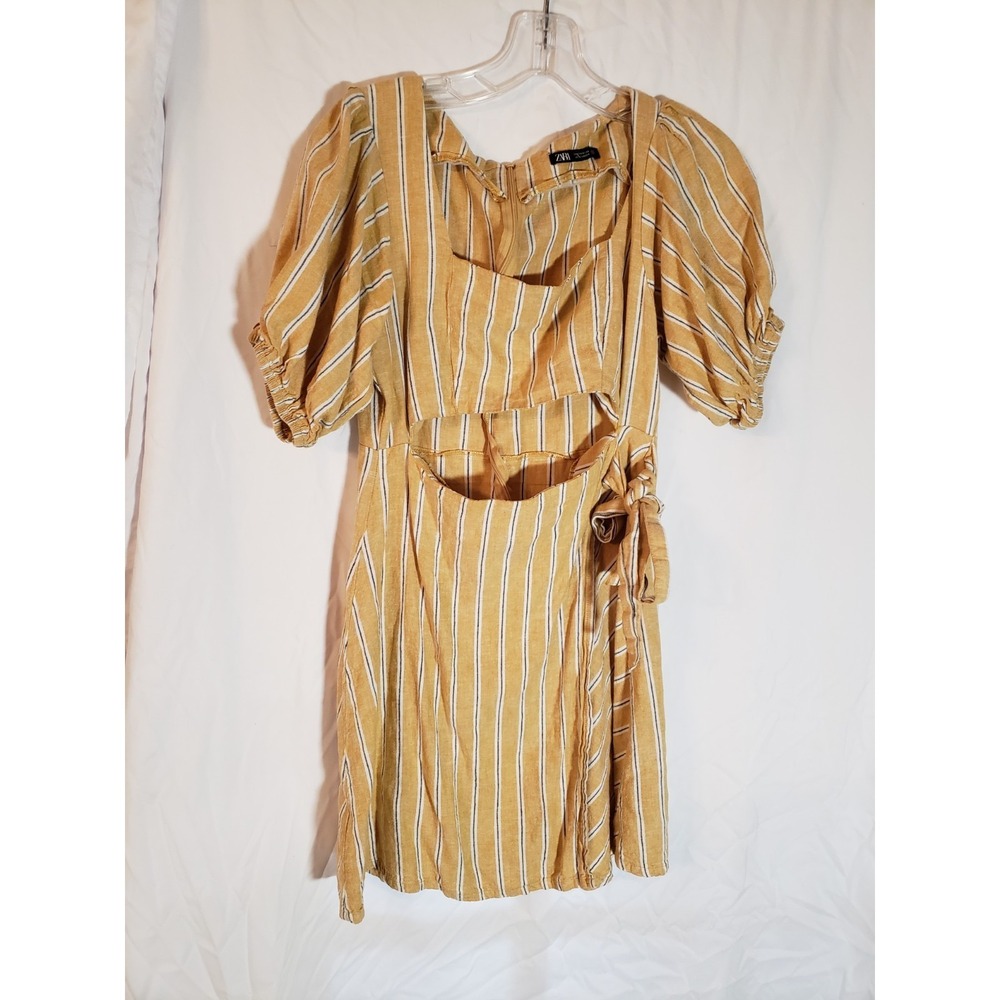 Women's Zara Open Waist Yellow Striped Wrap Dress Size M